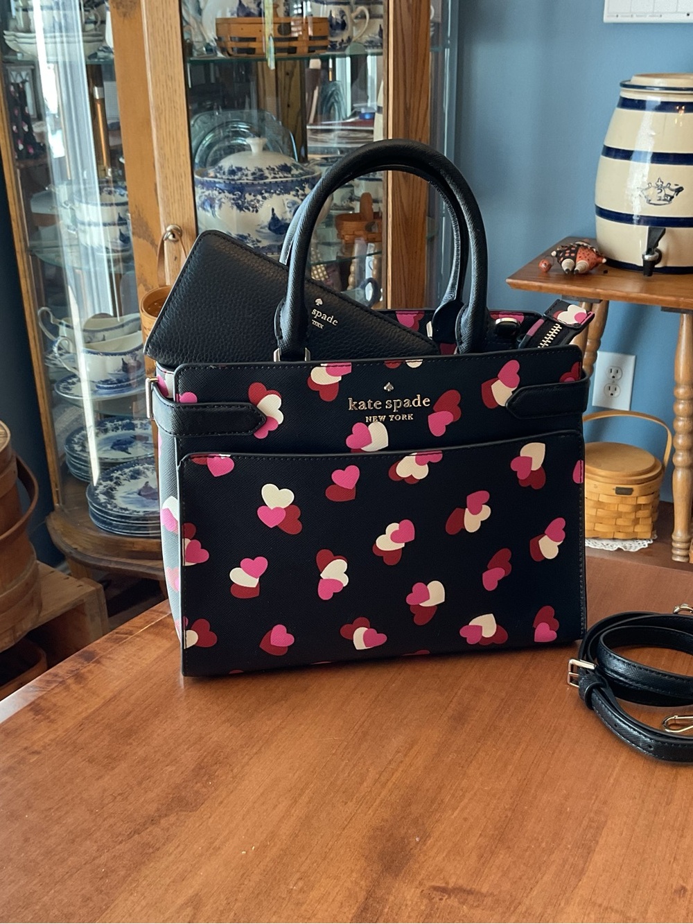 Kate Spade Black Heart-Print Satchel with wallet set